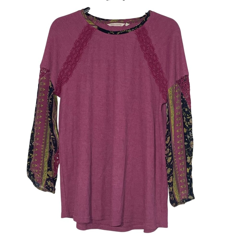Soft Surroundings Waffle Knit Thermal Mixed Media Lace Top Sz LG Boho Festival